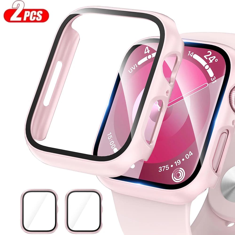 2Pcs Tempered Glass+cover For Apple Watch Case 45mm 41mm 44mm 40mm 42mm Screen Protector Iwatch serie 9 4 5 6 SE 7 8 Accessories