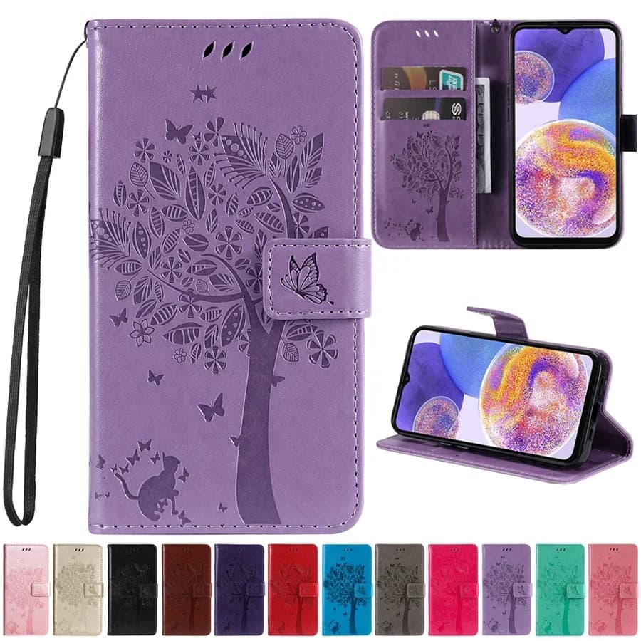 Wallet Tree Embossing Flip Leather Case For Samsung Galaxy A15 A16 A35 A36 A53 A54 A55 A56 S25 S24 Plus S23 S22 S21 Ultra S20 FE