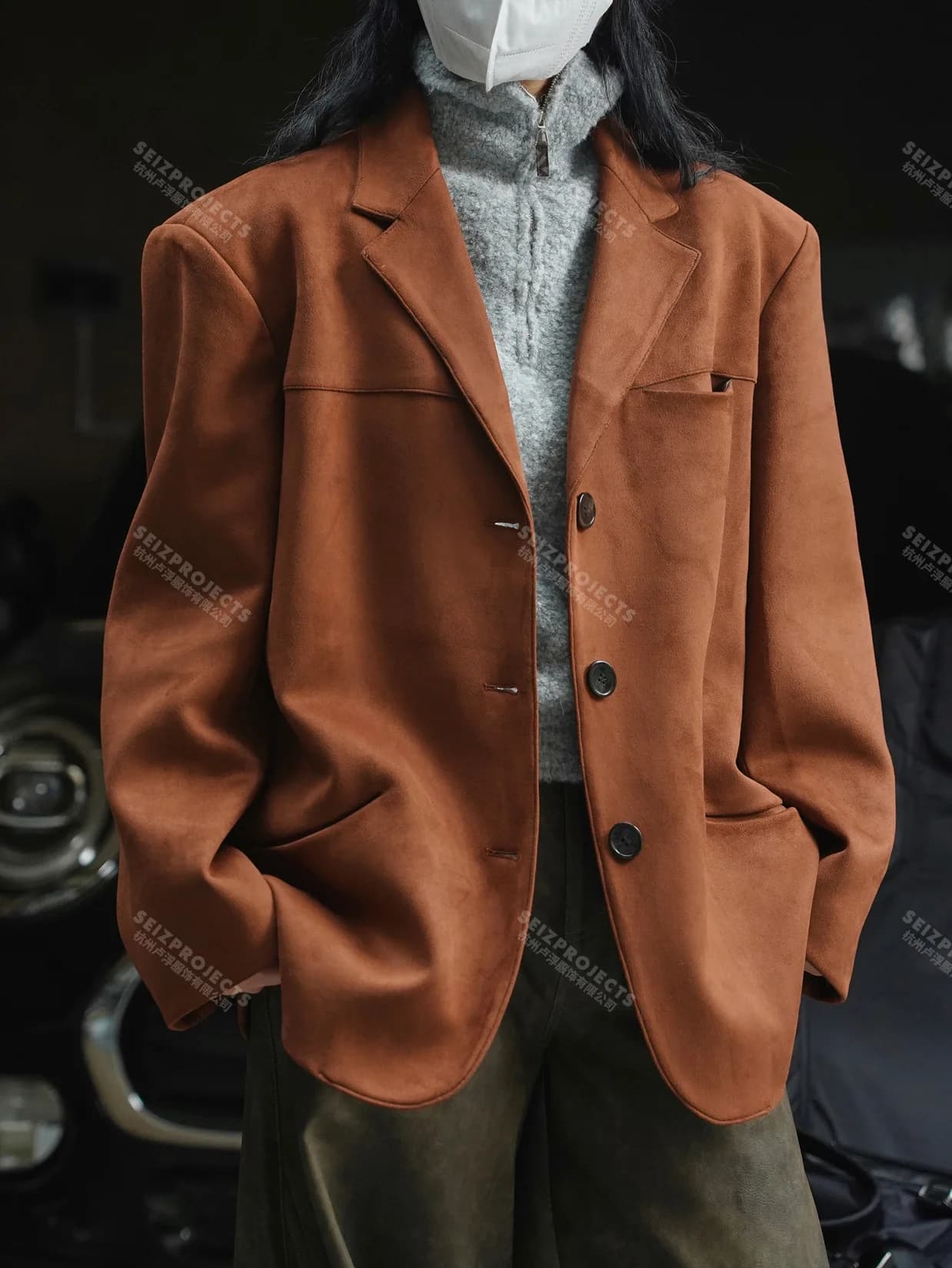 Winter Curved Pocket Oversized Blazer Suede Jacket Brown Green Loose Straight Coat For Women