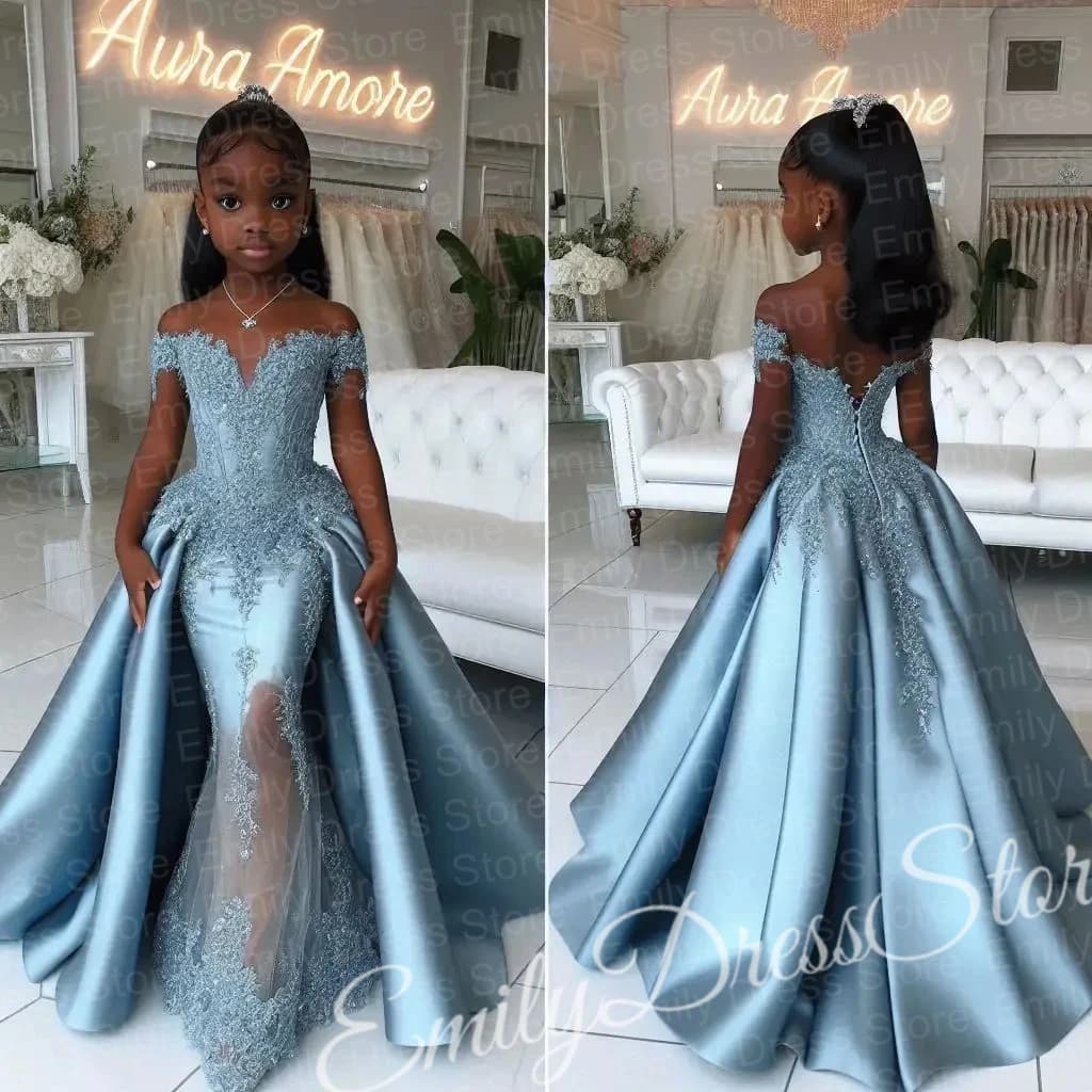 Customized Sky Blue Flower Girl Dress For Wedding Applique Floor Length Puffy Sleeveless Kids Birthday First Communion Gown