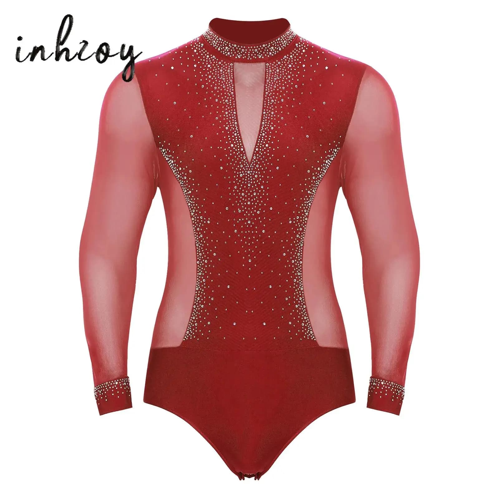 Men Latin Dance Shirts New Mock Neck Long Sleeve Ballet Dance Leotard Ballroom Tango Rumba Gymnastics Bodysuit Dancewear Outfit