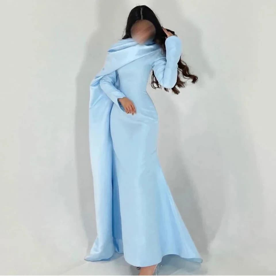 Modest Evening Dresses Long Sleeves O Neck Baby Blue Maxi Evening Gowns for Women 2024 Mermaid/Trumpet Wedding Evening Dress