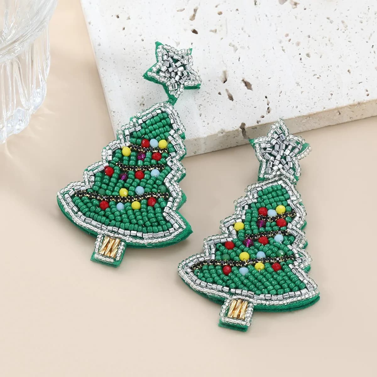 Beaded earrings Christmas tree Originality Graph Fashion Simple Hand knitting Bohemia Alloy Rice bead earrings