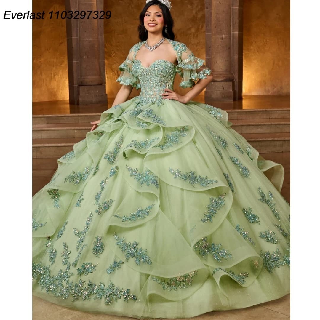 EVLAST Customized Mint Quinceanera Dress Ball Gown Lace Applique Crystals Beads Cape Tiered Sweet 16 Vestido De 15 Anos TQD461
