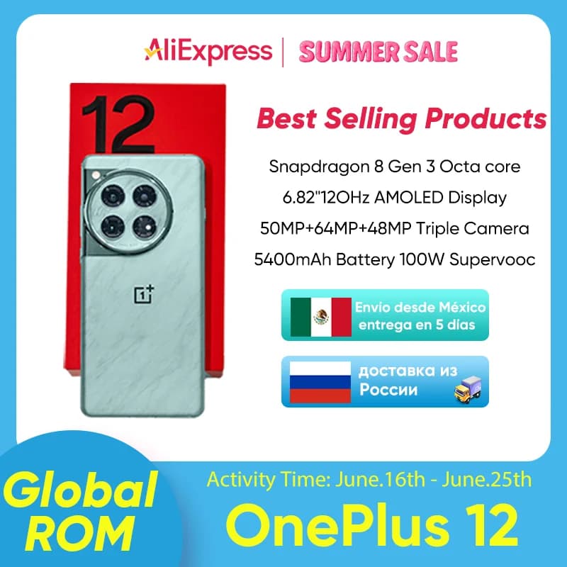 Uzbekistan Mexico Fast shipping OnePlus 12 5G GlobalRom Snapdragon 8 Gen 3 6.82'' 120Hz AMOLED LCD 100W SuperVooc Charge 5400mAh
