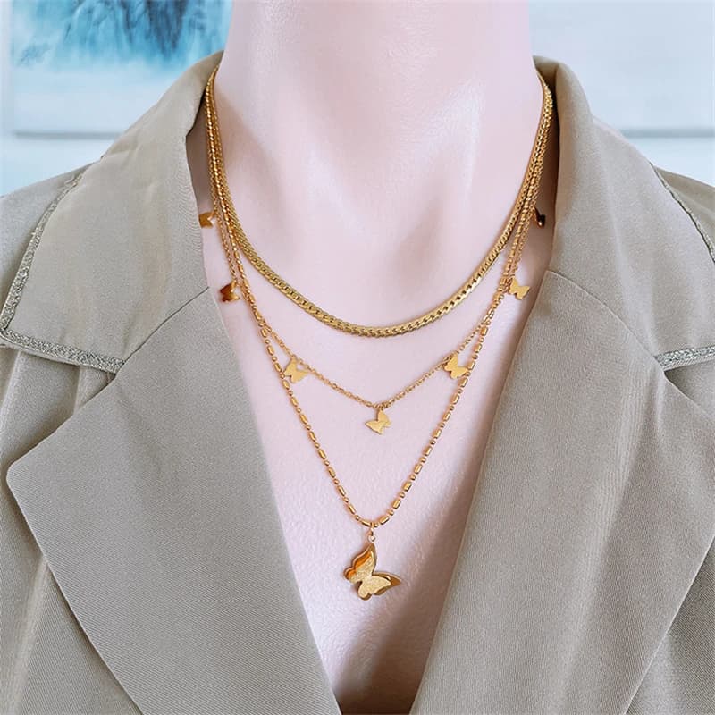 316L Stainless Steel New Fashion Fine Jewelry 3-Layer Heart Stars Moon Butterfly Charms Chain Choker Necklaces Pendant For Women