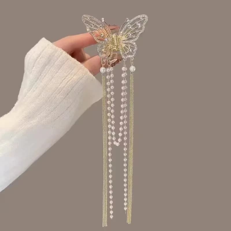 Imitation Pearl Butterfly Long Tassel Hair Claws for Women Elegant Rhinestones Shark Clips Half Tie Charms Hairpins Accessories