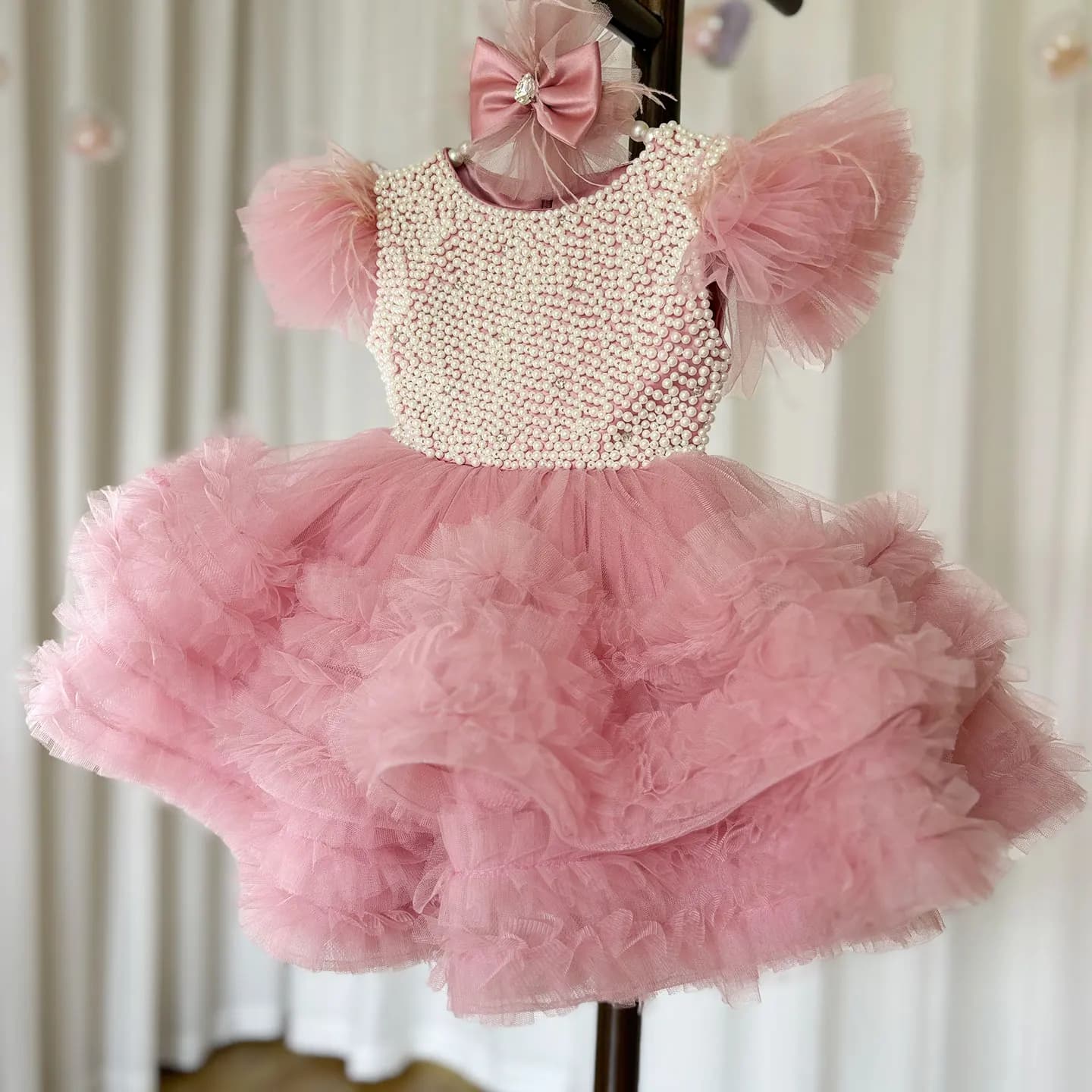 Tiered Tulle Ball Gown Puffy Dress Wedding Flower Girl Dress O Neck First Birthday Party Dress Photoshoot Outfit