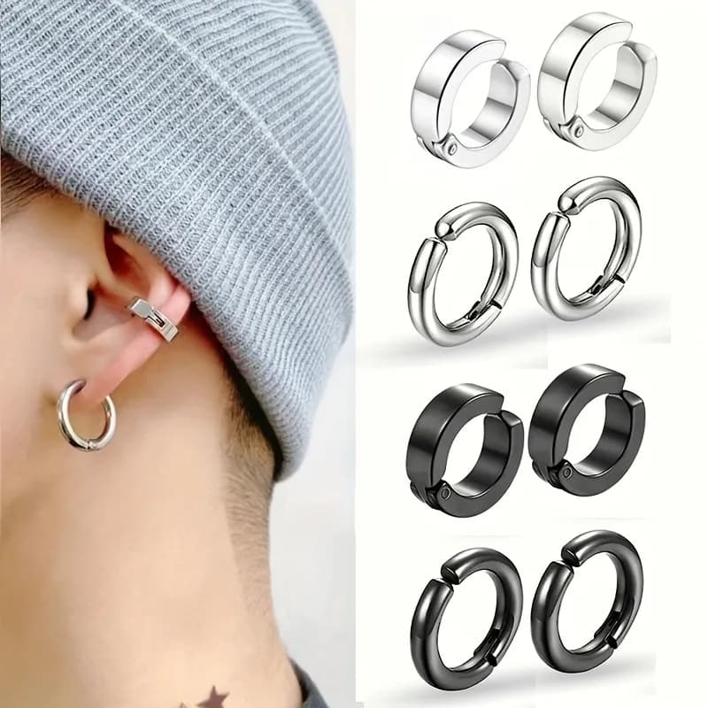 Punk Style 8-Piece Stainless Steel Ear Clip Set - Chic Circle Ear Cuffs, No Piercing Needed, Trendy Jewelry Gift