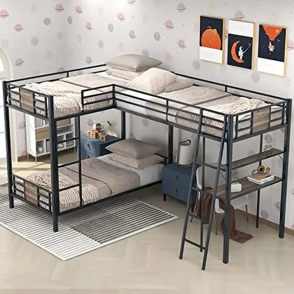 Triple Bunk Bed with Desk and Shelf Metal L-Shaped Loft Bed Twin Over Twin 3 Kids Teens Adults Space-Saving Design Full-Length