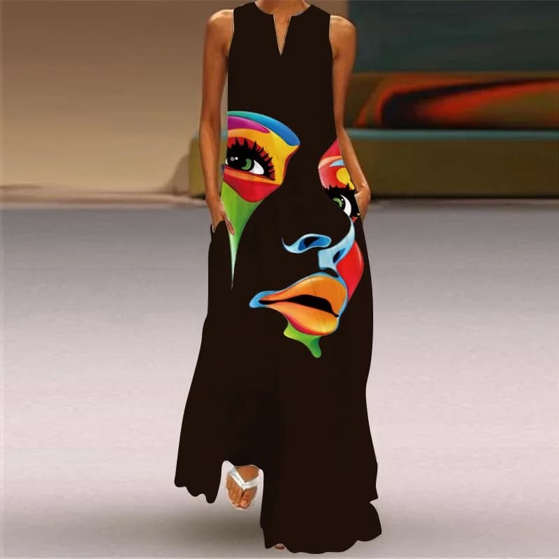 Mask printing Dress Sexy Sleeveless Dress V-Neck Casual Clothing Women