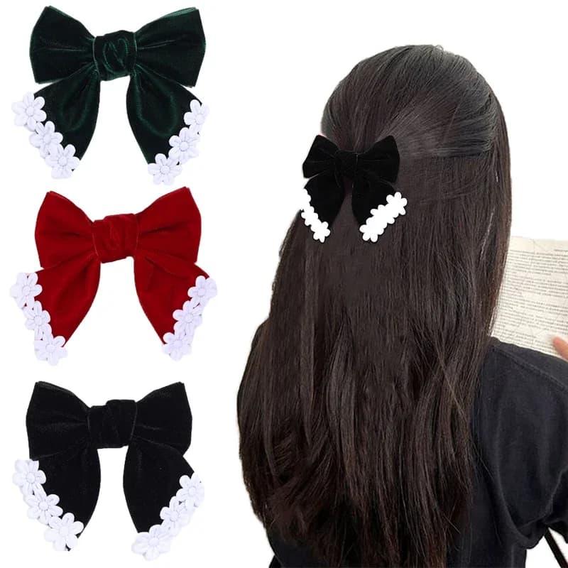 ncmama 2PCS Velvet Hair Bow Clips with 6 Flower Decor for Women Girls Cute Solid Butterfly Hairpins Barrettes Hair Accessories