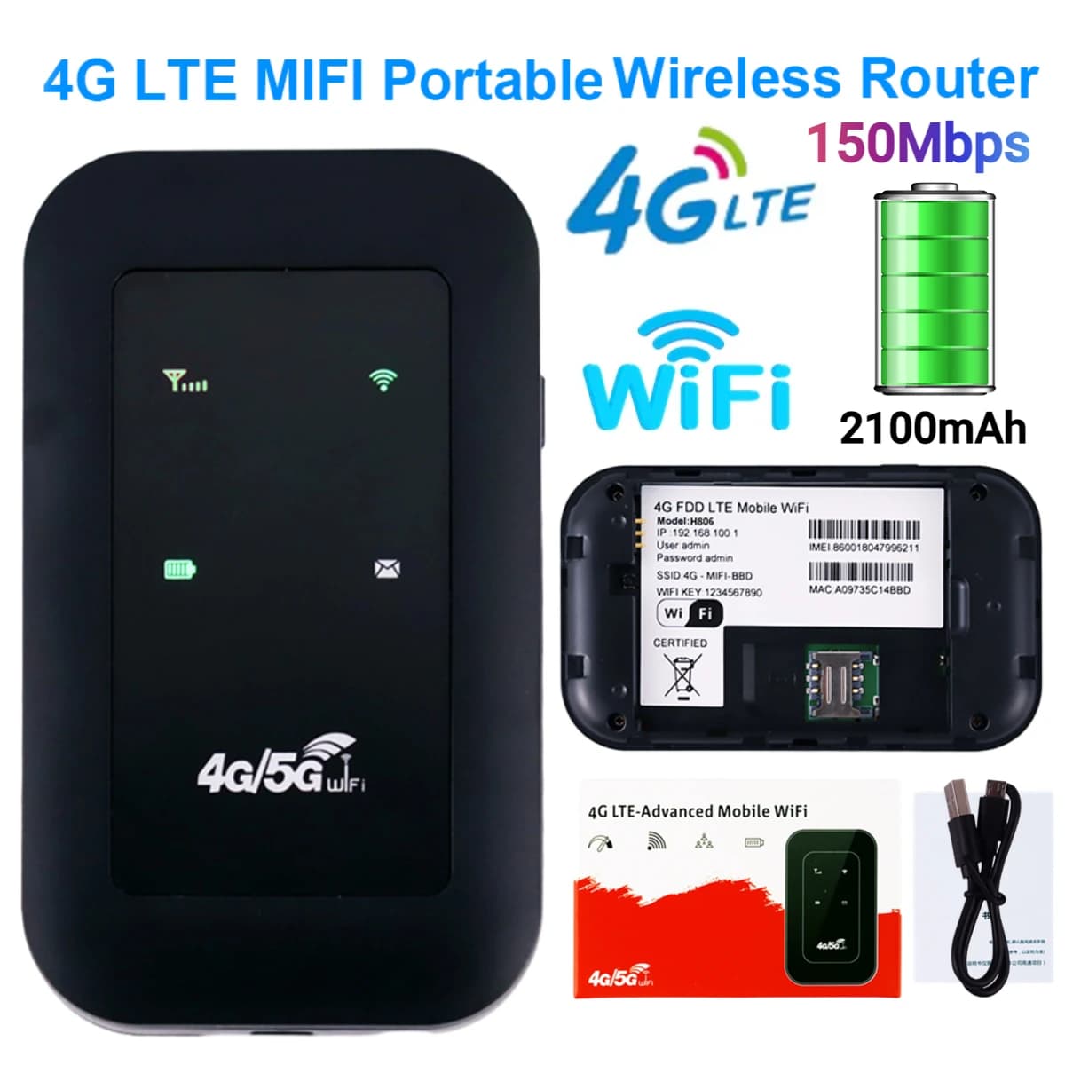 4G LTE Router WiFi Repeater Signal Amplifier Network Expander Mobile Hotspot Wireless Mifi Modem SIM Card Slot USB/2100mAh