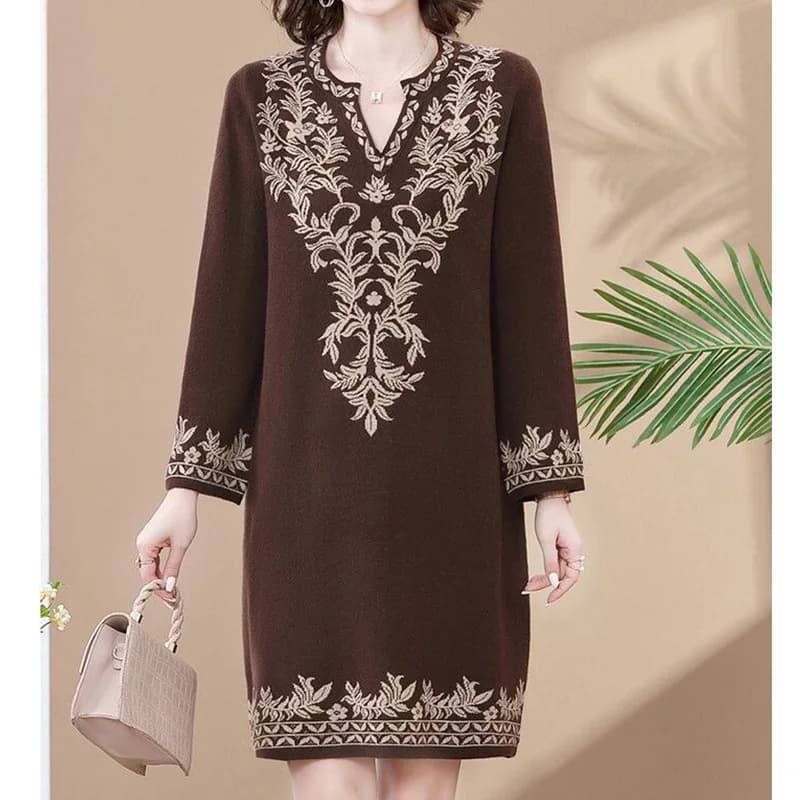 Female Clothes Autumn Winter V-Neck Folk Retro Embroidery Printing Long Sleeve Loose Knitted Pullover Mid Length Version Dresses