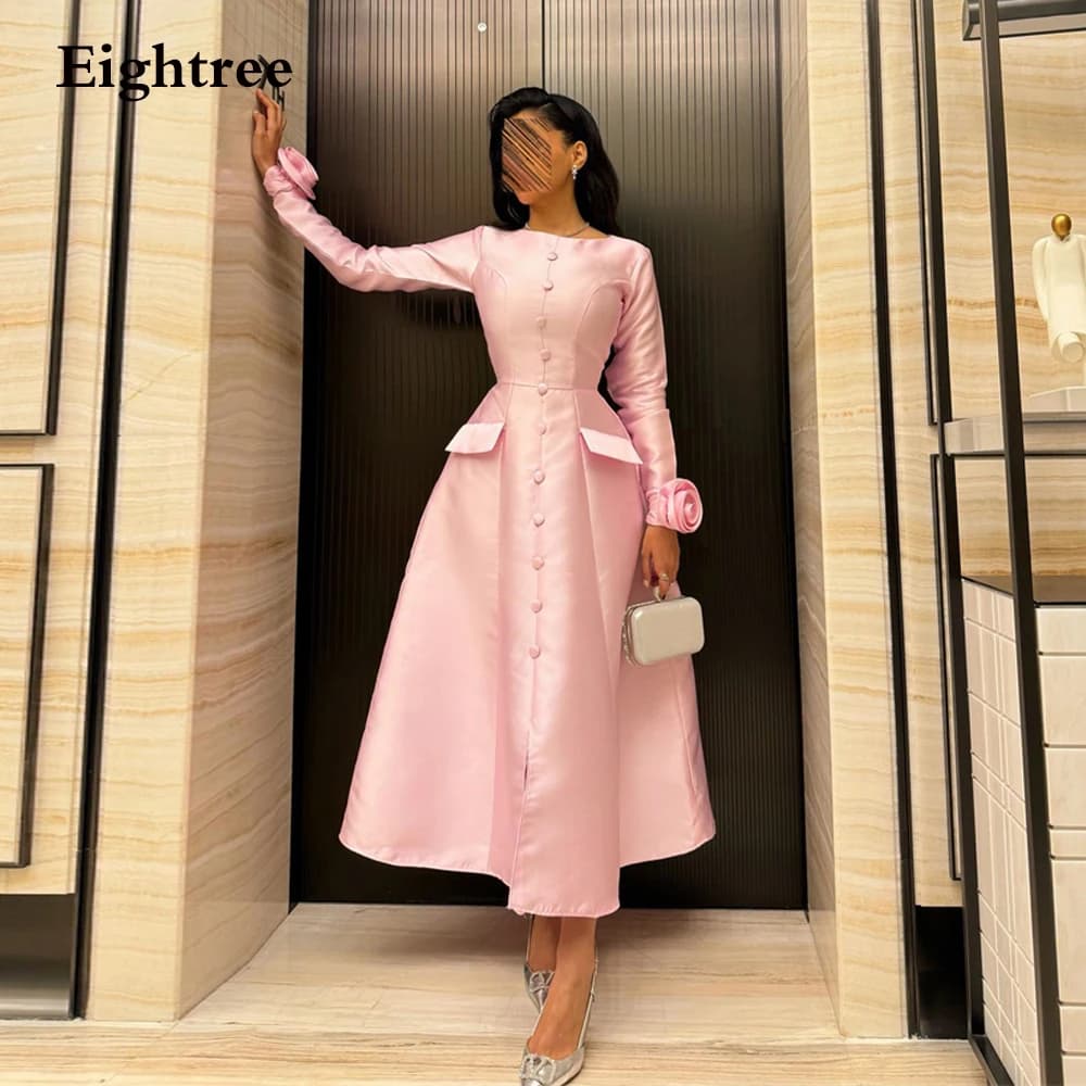 Eightrer Pink Flower Long Sleeves Formal Party Dresses Button Saudi Arabia Satin Evening Gowns Ankle Length Dress Robe de soiree