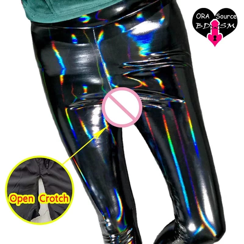 Woman PU Open Crotch Leggings Sexy Flash Leather Crotchless Panties Latex Hidden Double Zipper Long Pants Hole Erotic Trousers
