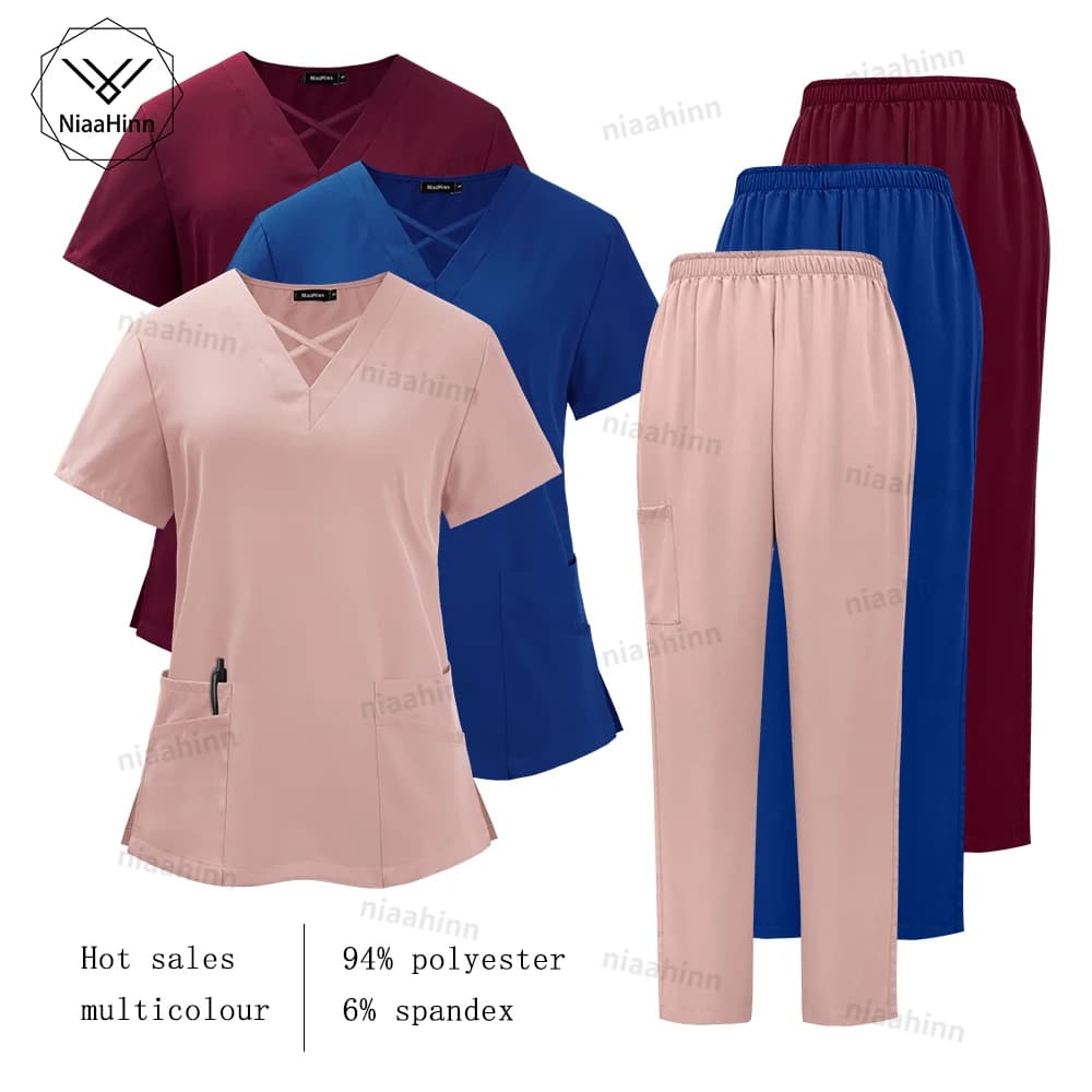 Niaahinn Medical Scrub Uniform Set Nursing Hospital Short Sleeves Top Pants Sets Nurse Uniform Fit Wholesale Spandex Scrubs Suit