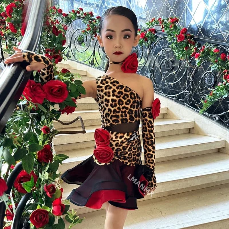 Latin Performance Dancing Dress One Shoulder Leopard Latin Dance Dress Girls Latin Professional Dress Salsa Wear