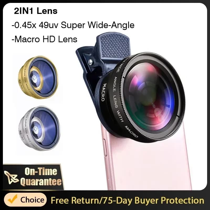 2IN1 Lens Camera Universal Clip 37mm Professional 0.45x 49uv Super Wide-Angle Macro Lens For iPhone 15 12 Samsung Huawei Xiaomi
