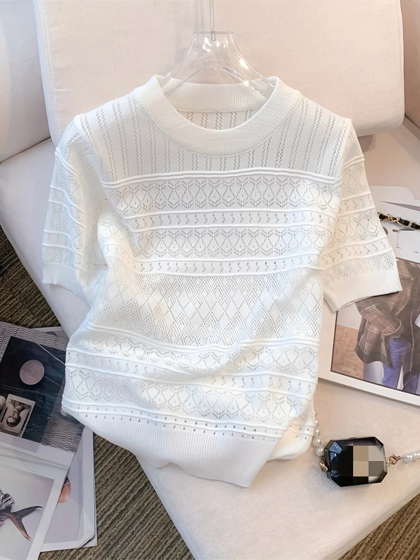 2026 New Summer Thin Hollow Out Crew Neck Pullover Sweater Versatile Short Sleeve Knitted Top For Spring & Women's Clothing