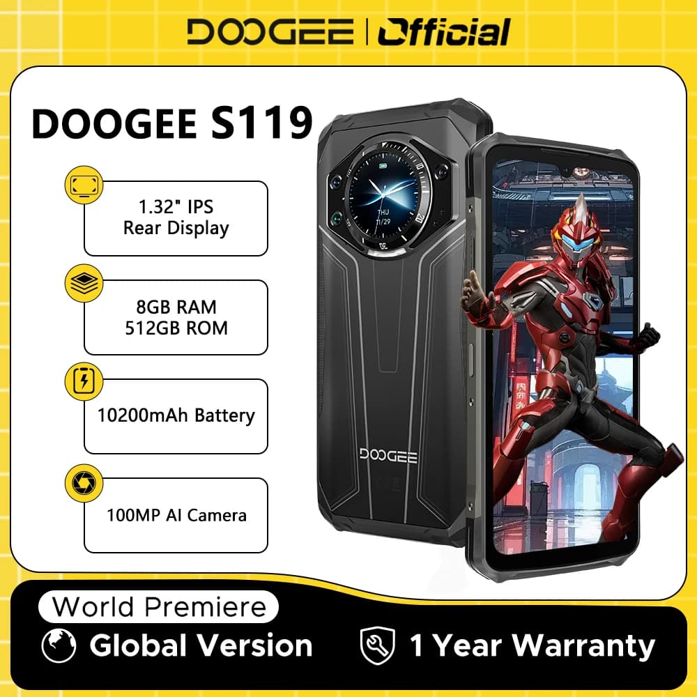 DOOGEE S119 Rugged Phone 6.72" FHD+ IPS Screen 8GB RAM 512GB ROM 100MP AI Main Camera 10200mAh Battery 33W Android 14 NFC