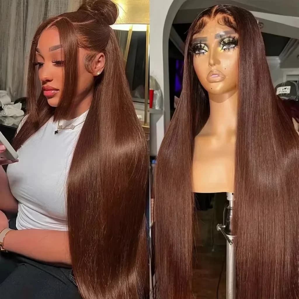 13x6 HD Chocolate Brown Bone Straight Lace Front Wig 36 Inch Lace Frontal Wig Human Hair Pre Plucked #4 Colored Human Hair Wig