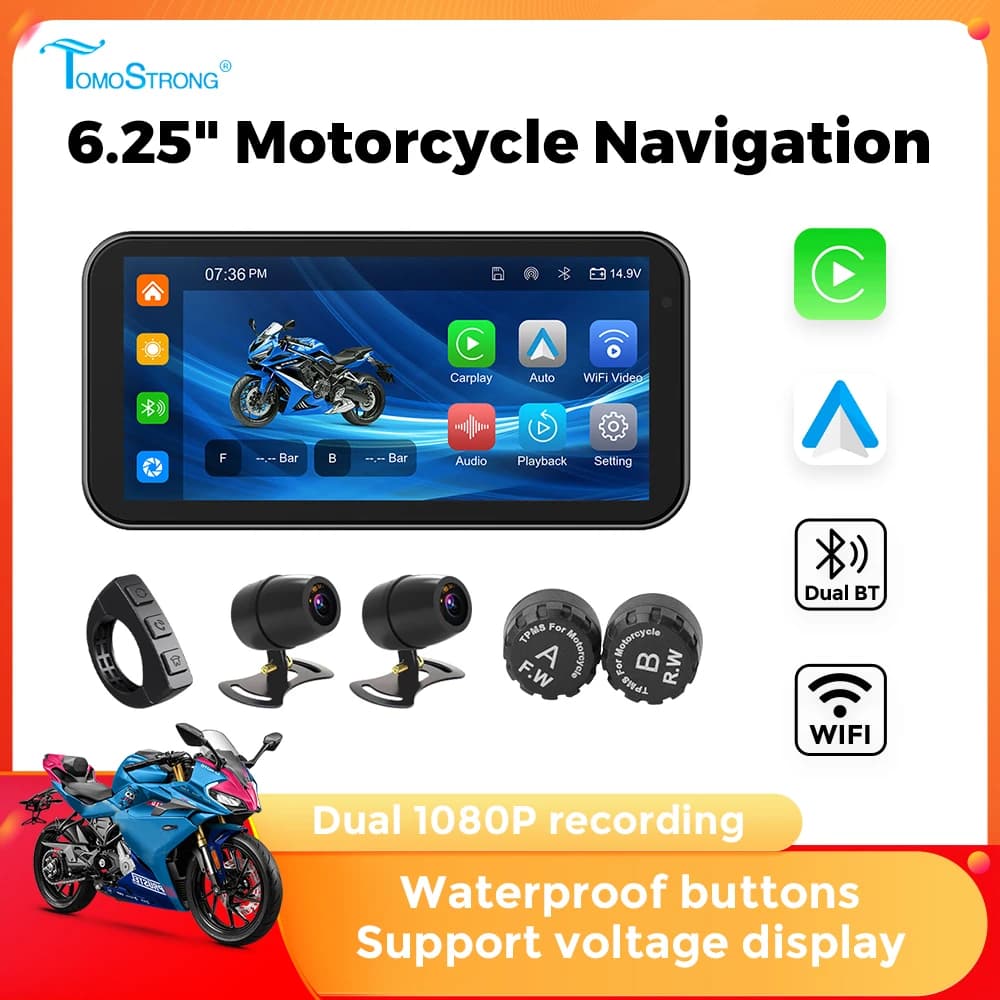 Portable 6.25 inch IP67 Waterproof Motorcycle GPS Navigation Wireless Carplay Android Auto DVR Drive Recorder Moto Monitor WIFI