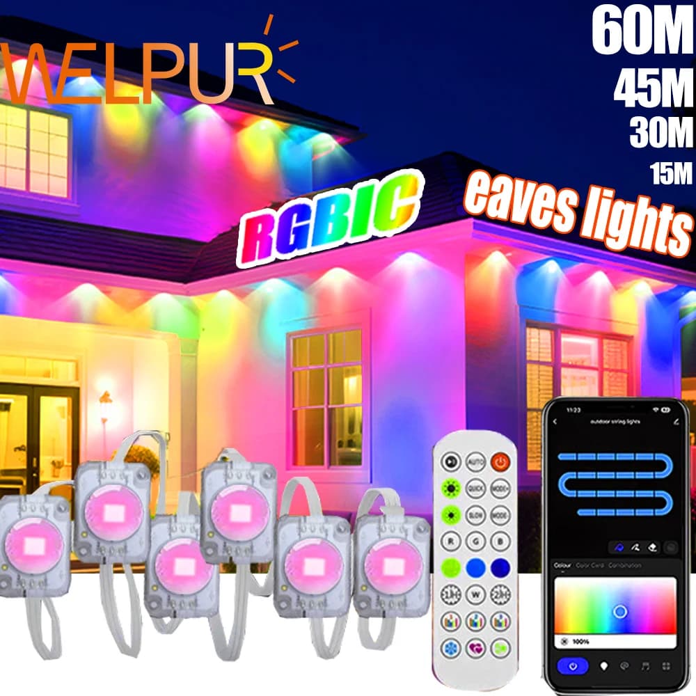 196FT/147FT/98FT/49FT Permanent Outdoor Lights RGB+IC Smart Christmas Lights String Waterproof for New Year Holiday Decorations