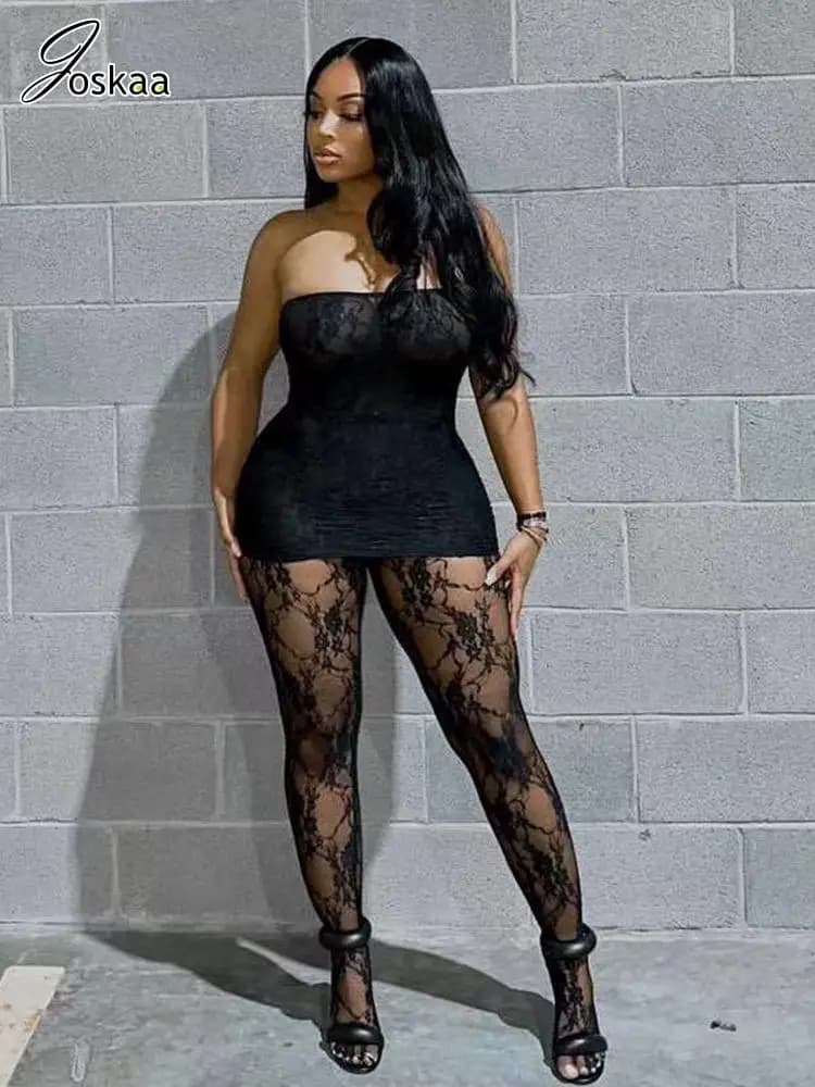 Joskaa Holiday Set Outfit For Women Black Red Lace Baddie 2 Piece Sets Outfits 2024 New Beach Sexy Leggings Club Party Outfit