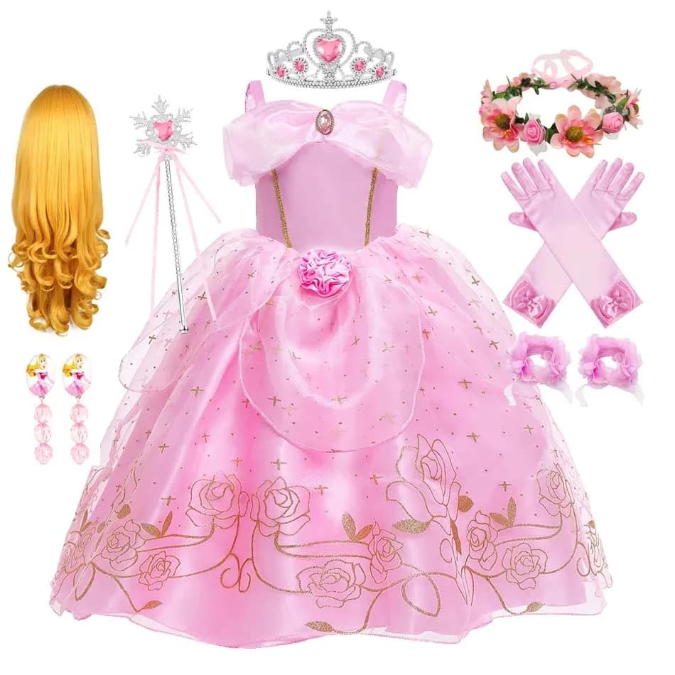 Aurora Pink Princess Dress Girl Sleeping Beauty Cosplay Costume Summer Floral Rose Print Sling Frocks 2-10 Y Kids Elegant Gown