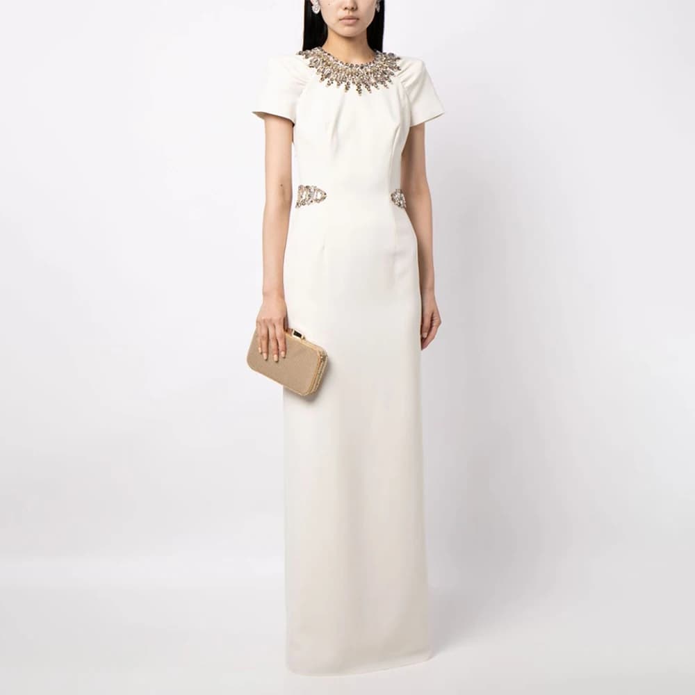 Column Evening Dress Ivory Crystal O Neck Short Sleeves Women's Evening Gowns Long 2024 Floor Length Elegant Wedding Guest Dress