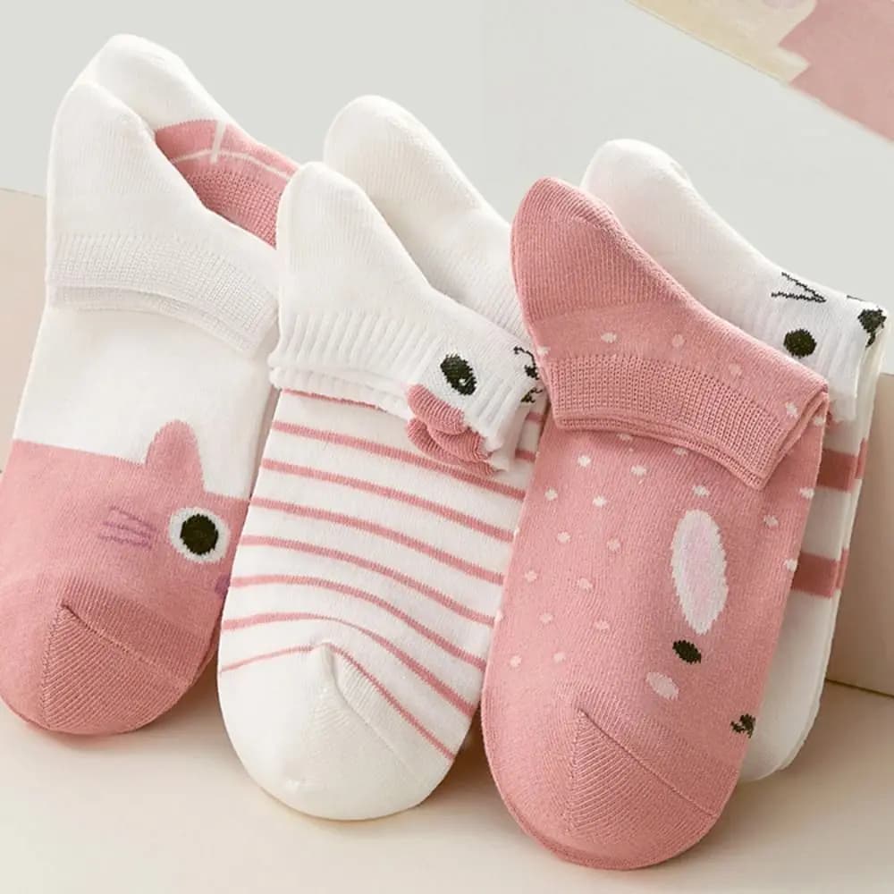 5 Pairs Summer Cartoon Cat Print Socks Thin Stripe Mid-tube Socks Speckle Soft Low Cut Ankle Socks Outdoor