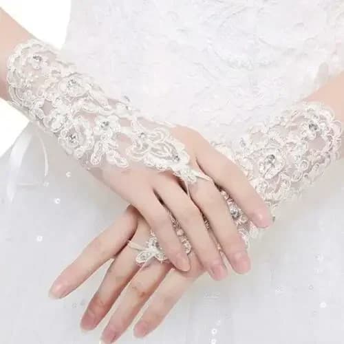 Bridal Gloves Elegant Short White Lace Rhinestone Fingerless Wedding Accessories