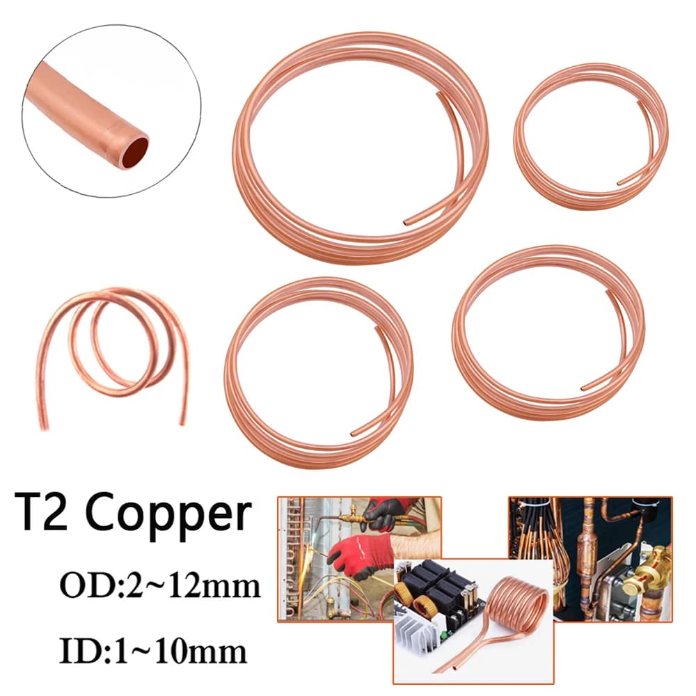 1Meter T2 Copper Soft Copper Tube Coil OD 2~12mm ID 1~10mm 99.9%Pure Coppers Wire Pipe Airs Conditioner Cooling DIY Crafts