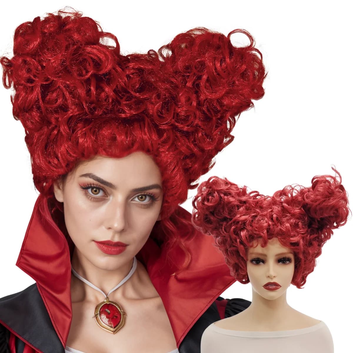 Red Queen Short Curly Synthetic Wig with Two Buns Heat Resistant for Women Girls Cosplay Halloween Christmas Party