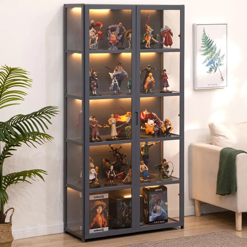 Display Cabinet with Glass Doors, Storage Cabinet with 3 Color Light, 4-Tier Curio Cabinet&Bookcase for Collectibles, Toys