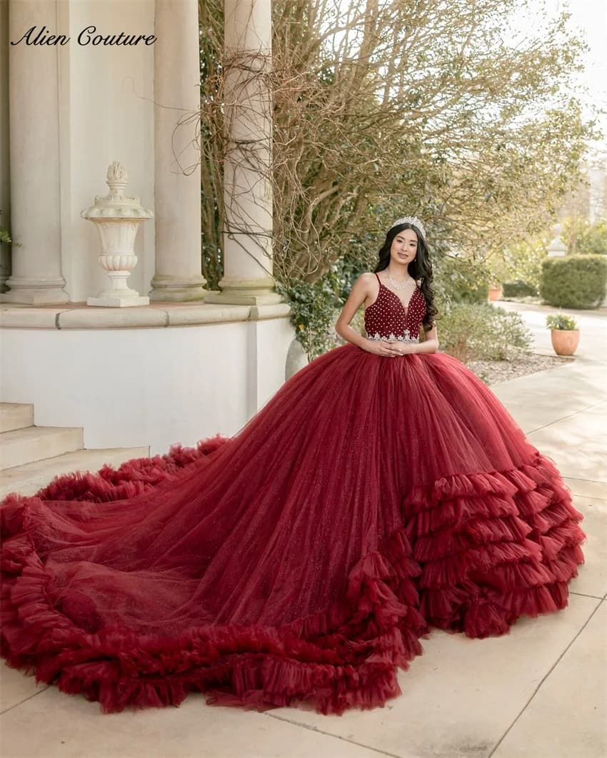 Wine Red Ball Gown Quinceanera Dress For Birthday Party Gowns Bead Diamonds Tiered Ruffle Mexico Robe Court Train Customized