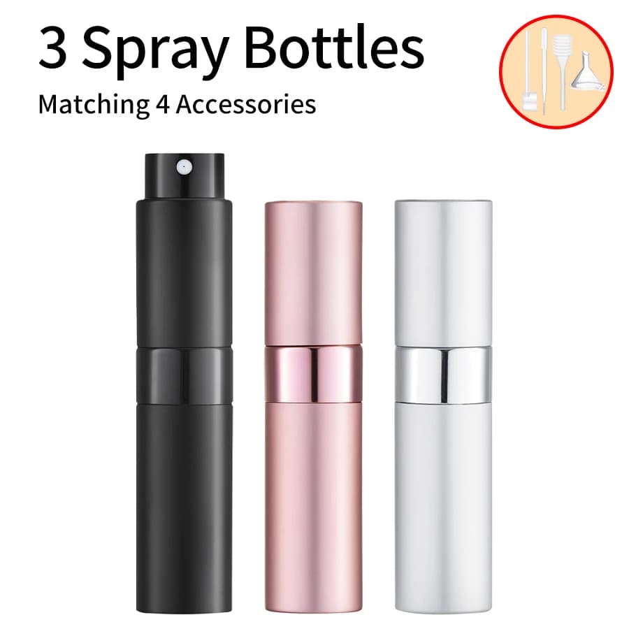 3pcs+4 Accessories 8ML Perfume Spray Bottle with 3 Spray Bottles, 1 Funnel, 1 Straw, 1 Dispenser, 1 Spring Straw