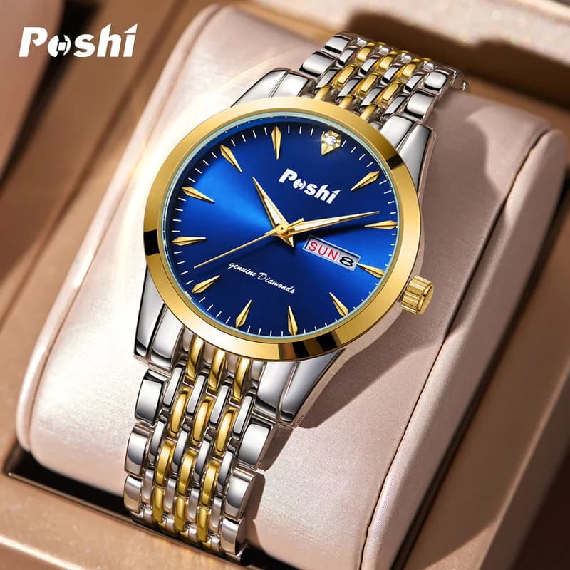 POSHI Men's Luxury Stainless Steel Quartz Wristwatches Nightlight Alloy Strap Dial Round Dials Business Men Wrist watch for Man