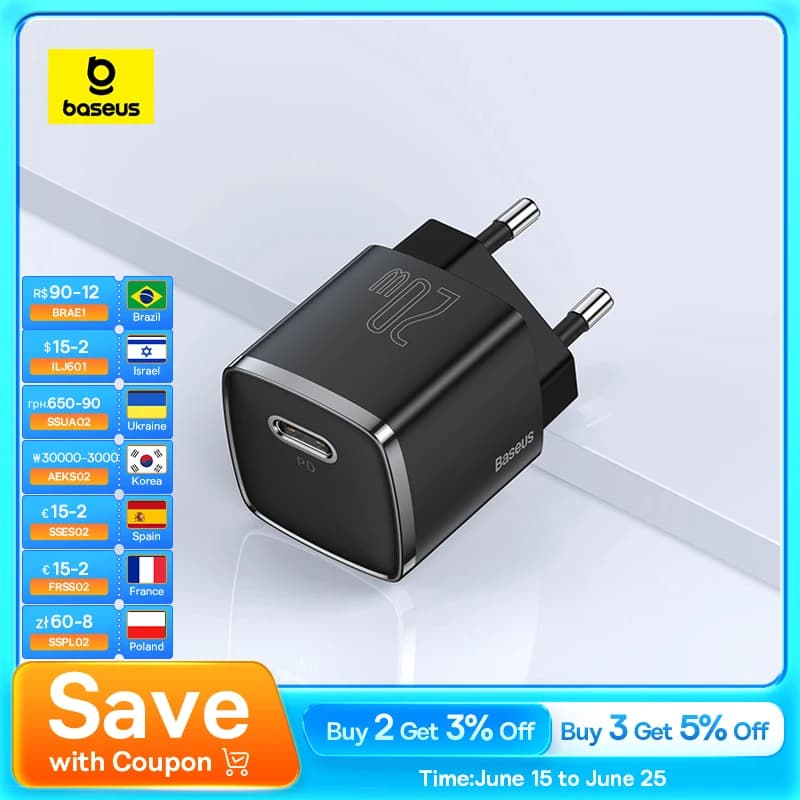 Baseus USB Type C Charger 20W Portable USB C Charger Support Type C PD Fast Charging For iPhone 16 15 14 13 12 Pro Max Tablets