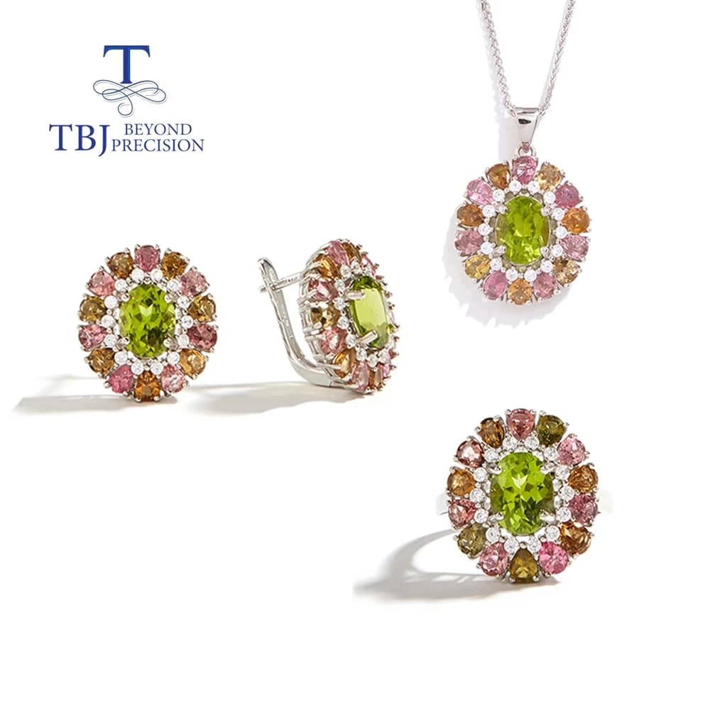 Gorgeous Natural Peridot & tourmaline 925 Sterling Silver jewelry set for Women Festival & Party Fine Jewelry Gift