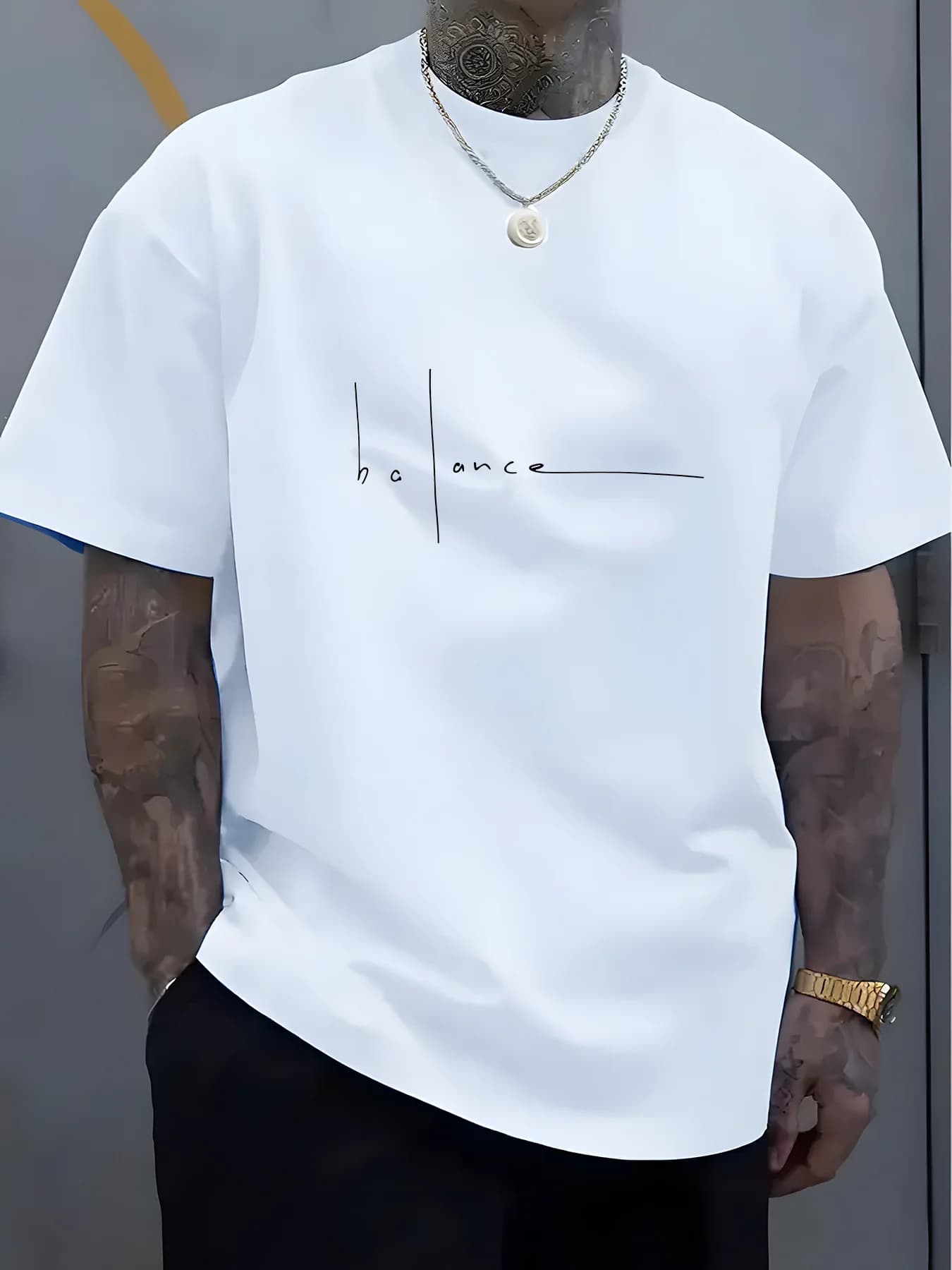 Men's summer fashionable casual sports loose trend balance letter print round neck short sleeved T-shirt top