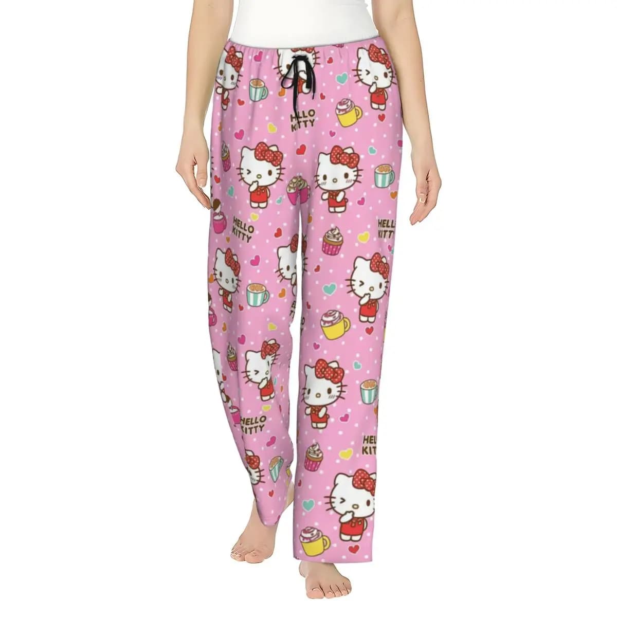 Custom Cartoon Anime Hello Kitty Bow Pajama Pants Sleepwear for Women Elastic Waistband Sleep Lounge Bottoms with Pockets