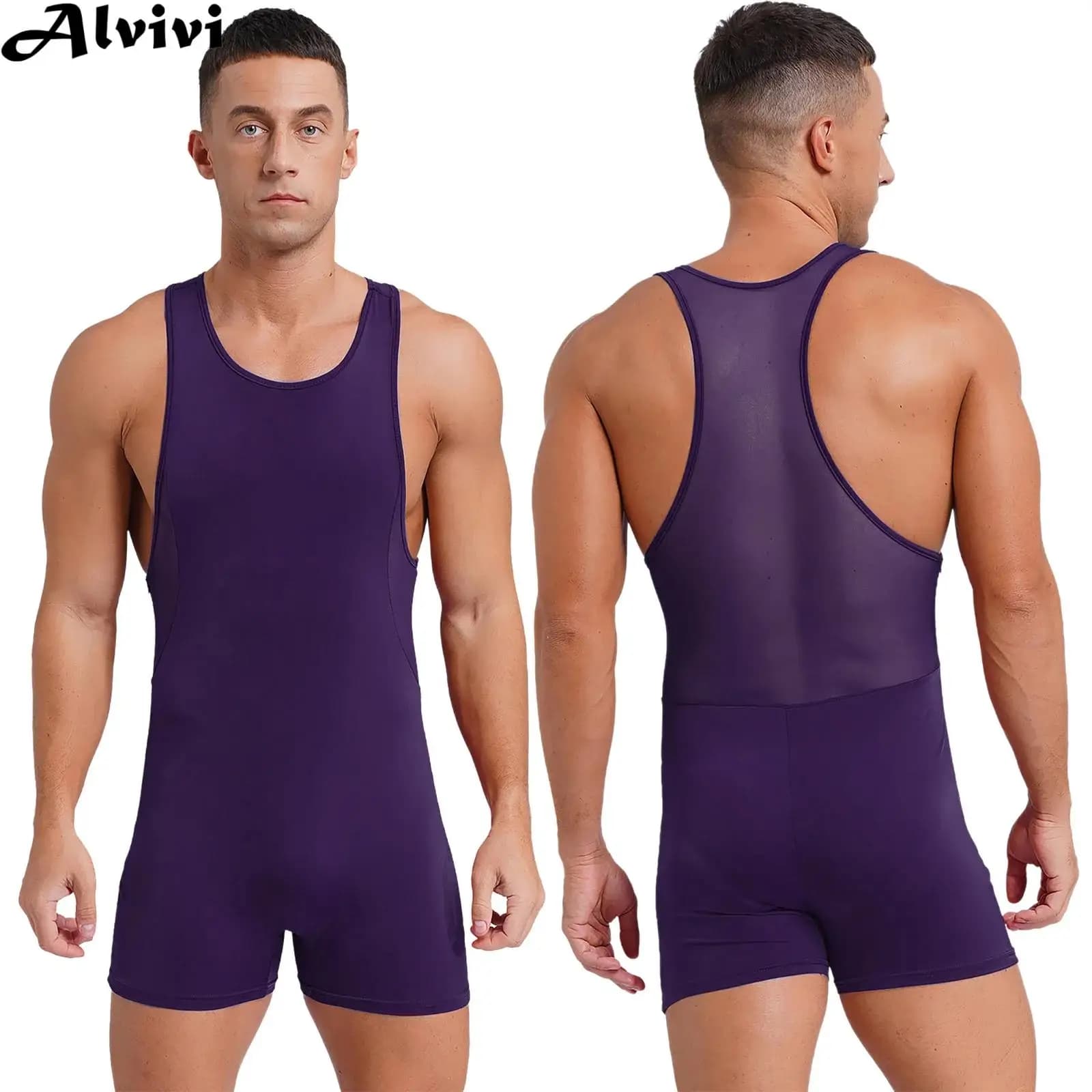 Men Sleeveless Soft Athletic Wrestling Boxer Bodysuit Swimwear Rash Guard Gymnastics Yoga Fitness Workout Sports Tank Jumpsuit