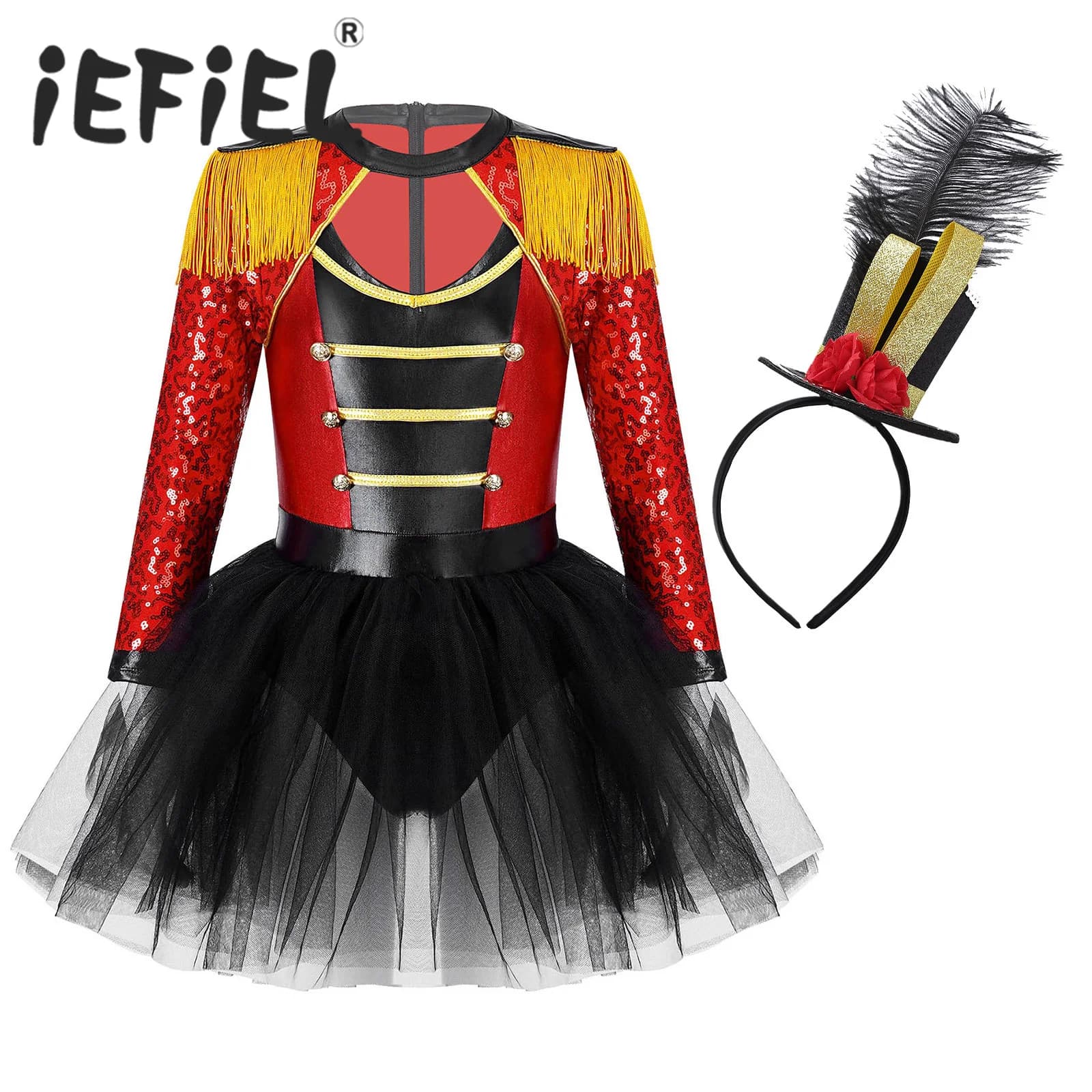 Kids Girls Halloween Circus Ringmaster Costume Sequins Long Sleeve Carnival Cosplay Dress for Themed Party Prom Dress Up Clothes