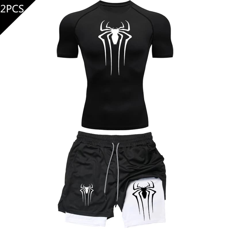 Men's Workout Compression Set Y2K Spider Printed Gym Tshirts Breathable Running Shorts Quick Dry Sports Rash Guard Sportwear Set