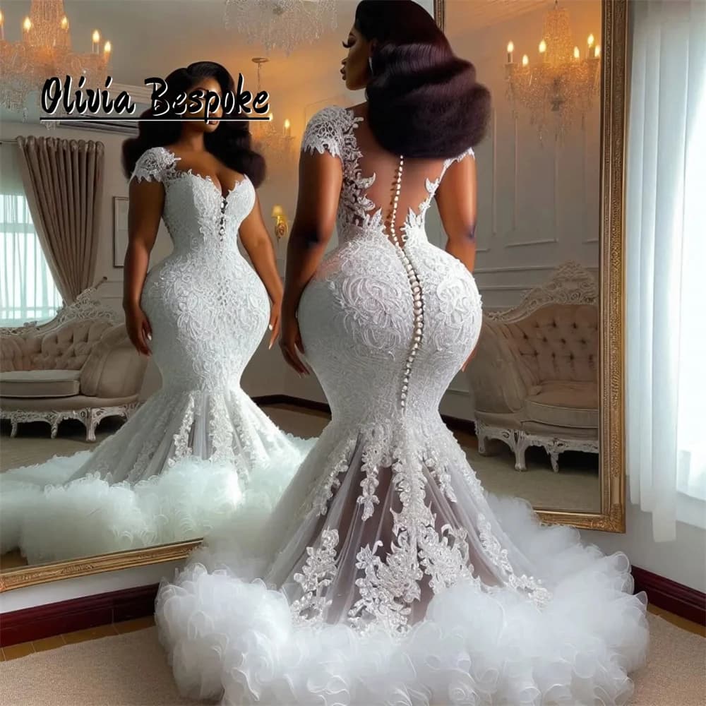 Button Back Tulle Ruched Train Aso Ebi Wedding Dresses Luxury 2025 Lace African Bridal Gowns vestidos novias boda Customized