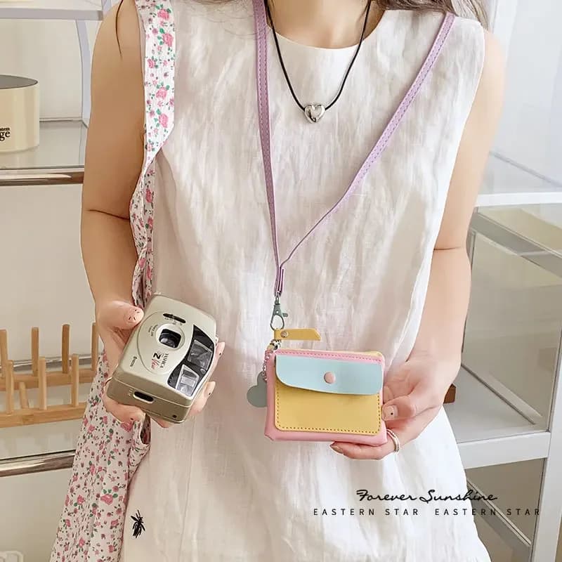 1 Piece Cute Clutch Bag with Long Lanyard Girl Sweet Macaron Color Series Card Cash Holder with Heart Pendant Fashion Card Case