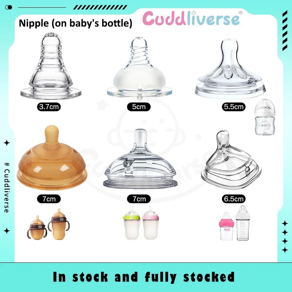 7 universal baby bottle replacement nipples, multiple caliber options, food grade silicone material, free of bisphenol A