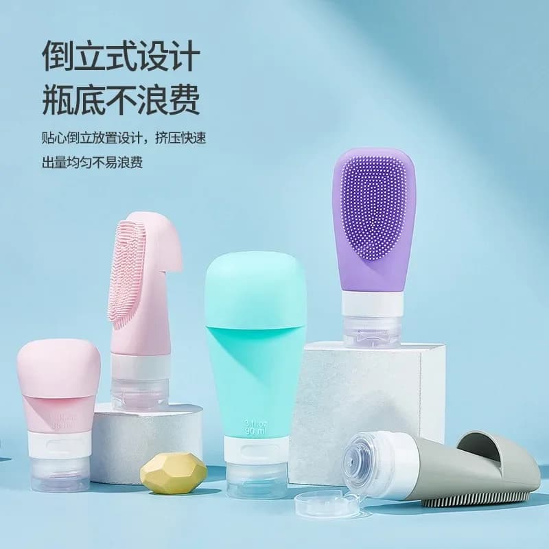 Refillable Silicone Bottle Lotion Shampoo Dispenser Empty Bottle with Facial Brush Detail Portable Travel Bottles 60/90ML
